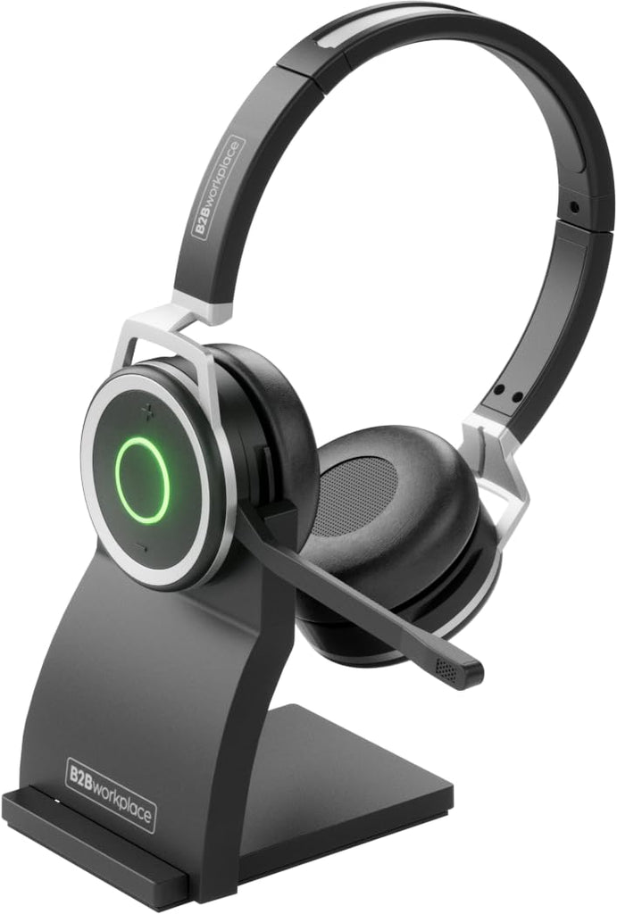 PC Headset Kopfhörer Bluetooth kabellos - Mikrofon mit Geräuschunterdrückung, MS Teams optimiert, PC & Smartphone parallel, Ladestation, Anrufsteuerung, Status-LED, Zoom & Skype for Business