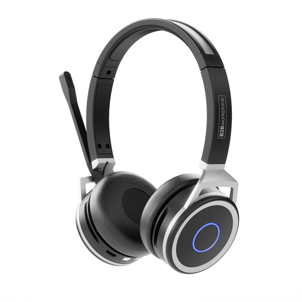 PC Headset Kopfhörer Bluetooth kabellos - Mikrofon mit Geräuschunterdrückung, MS Teams optimiert, PC & Smartphone parallel, Ladestation, Anrufsteuerung, Status-LED, Zoom & Skype for Business