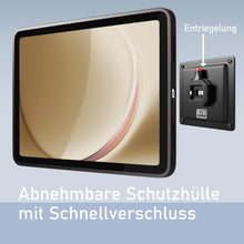 Laden Sie das Bild in den Galerie-Viewer, B2Bworkplace Tablet Halterung Wand kompatibel mit Samsung Galaxy Tab A9 - inkl. Schutzhülle passgenau - vertikal &amp; horizontal - flach - Schnellverschluss - Tablet Wandbefestigung Halter