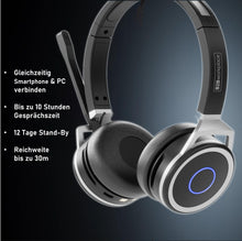Laden Sie das Bild in den Galerie-Viewer, PC Headset Kopfhörer Bluetooth kabellos - Mikrofon mit Geräuschunterdrückung, MS Teams optimiert, PC &amp; Smartphone parallel, Ladestation, Anrufsteuerung, Status-LED, Zoom &amp; Skype for Business