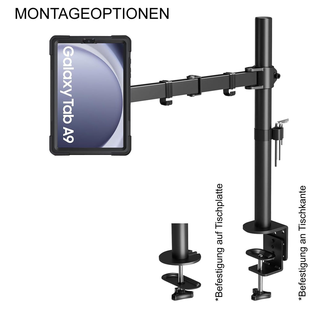 B2Bworkplace Tablethalterung kompatibel mit Samsung Galaxy Tab A9 - Tisch Tablet Halte mit Abnehmbarer Schutzhülle - höhenverstellbar & drehbar