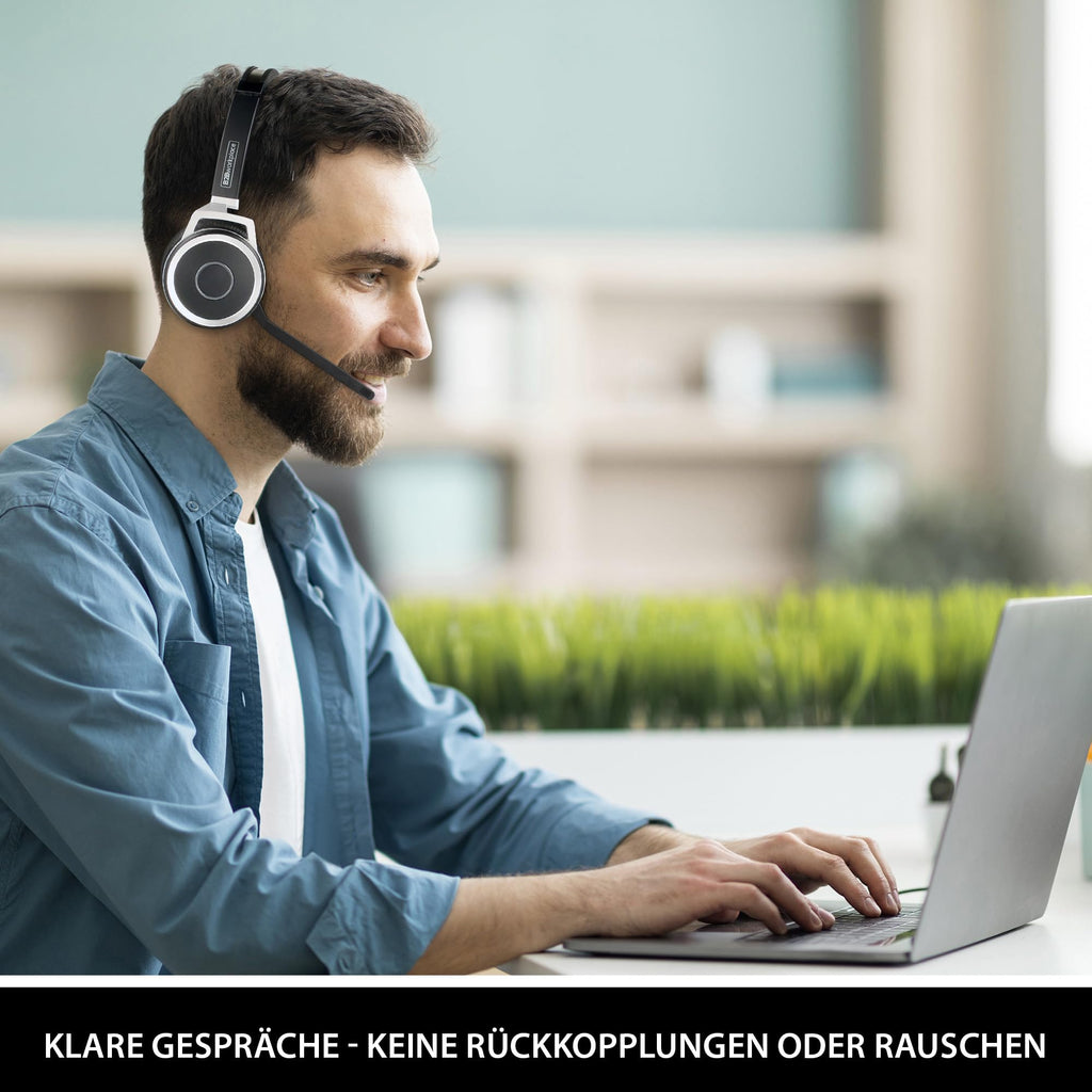 PC Headset Kopfhörer Bluetooth kabellos - Mikrofon mit Geräuschunterdrückung, MS Teams optimiert, PC & Smartphone parallel, Ladestation, Anrufsteuerung, Status-LED, Zoom & Skype for Business