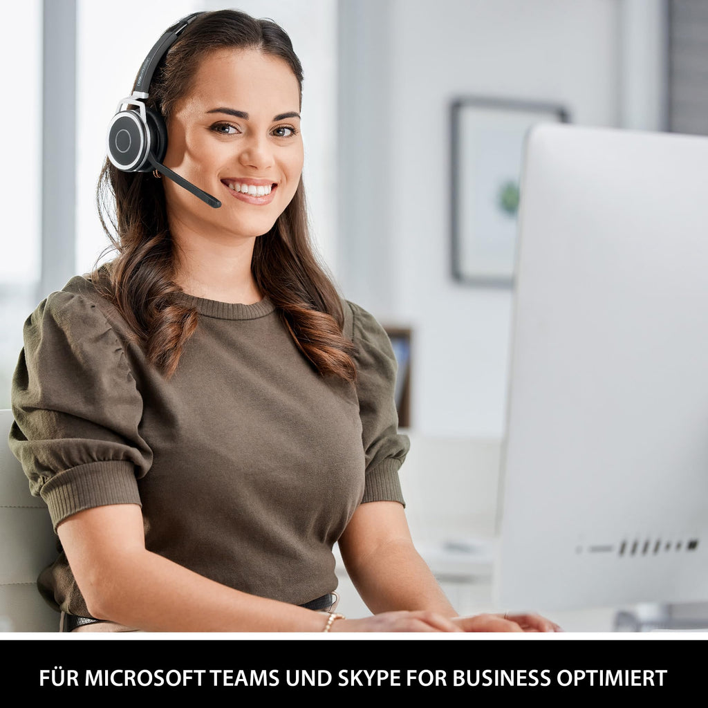 PC Headset Kopfhörer Bluetooth kabellos - Mikrofon mit Geräuschunterdrückung, MS Teams optimiert, PC & Smartphone parallel, Ladestation, Anrufsteuerung, Status-LED, Zoom & Skype for Business