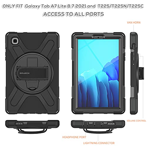 BRAECN Galaxy Tab A7 Lite Case, Heavy Duty Rugged Shockproof Case with Adjustable Hand Strap, Carrying Shoulder Strap, Rotating Kickstand for Samsung Tab A7 Lite 8.7” SM-T220 SM-T225 2021 Model-Black