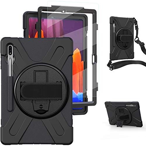 Samsung Galaxy Tab S7 Plus Case 2020 with S Pen Holder [Built-in Screen Proector] | TSQQST Heavy Duty Rugged Shockproof w/ Stand Hand Shoulder Strap Cover for Galaxy Tab S7+ 12.4 Inch SM-T970, Black