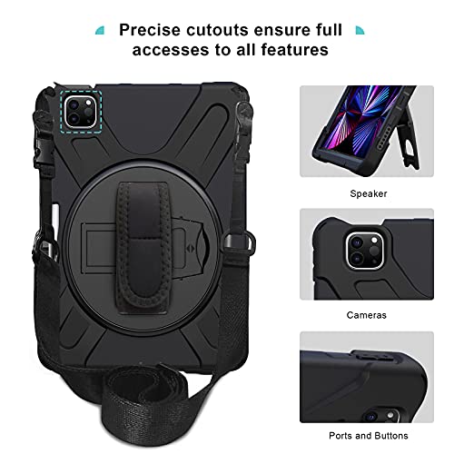 ProCase iPad Pro 11 Inch Case 2021 2020 2018, Rugged Heavy Duty Shockproof Cover with Hand Strap Shoulder Strap for iPad Pro 11" 3rd 2nd 1st Generation -Black