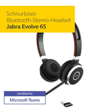 Laden Sie das Bild in den Galerie-Viewer, Jabra Evolve 65 Wireless Stereo On-Ear Headset - Microsoft zertifizierte Kopfhörer mit langer Akkulaufzeit - USB Bluetooth Adapter - Schwarz
