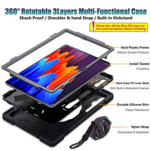 Samsung Galaxy Tab S7 Plus Case 2020 with S Pen Holder [Built-in Screen Proector] | TSQQST Heavy Duty Rugged Shockproof w/ Stand Hand Shoulder Strap Cover for Galaxy Tab S7+ 12.4 Inch SM-T970, Black