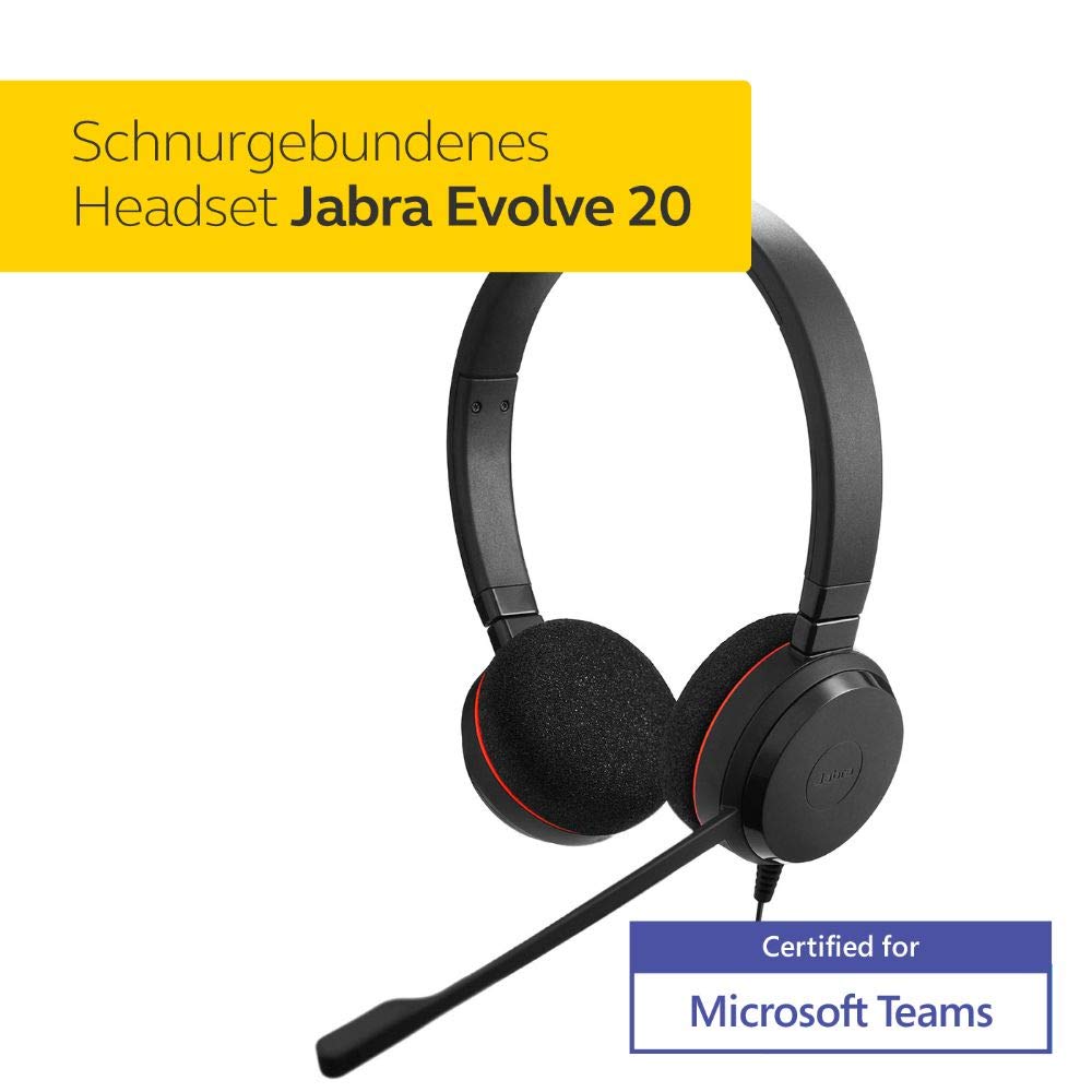 Jabra Evolve 20 MS Stereo Headset – Microsoft zertifizierte Kopfhörer für VoIP Softphone mit passivem Noise-Cancelling – USB-Kabel mit Anrufsteuerung – Schwarz