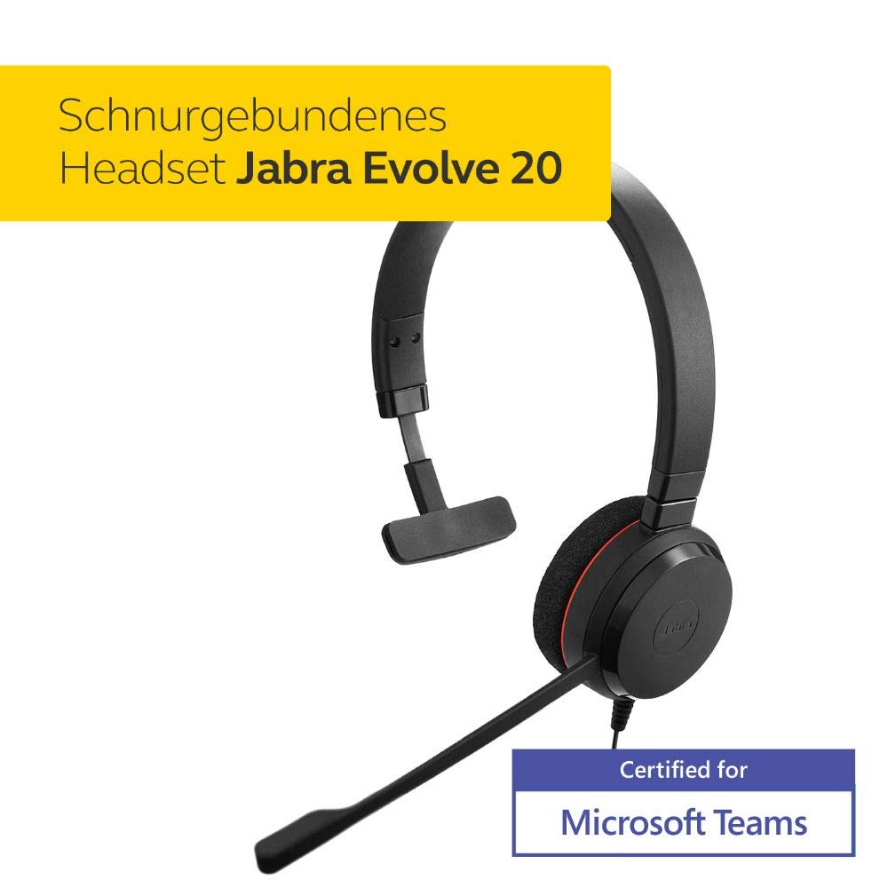 Jabra Evolve 20 MS Mono Headset – Microsoft zertifizierte Kopfhörer für VoIP Softphone mit passivem Noise-Cancelling – USB-Kabel mit Anrufsteuerung – Schwarz