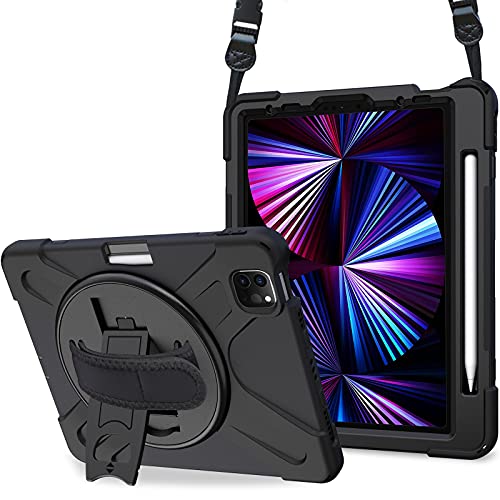 ProCase iPad Pro 11 Inch Case 2021 2020 2018, Rugged Heavy Duty Shockproof Cover with Hand Strap Shoulder Strap for iPad Pro 11" 3rd 2nd 1st Generation -Black