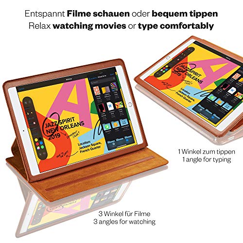 KAVAJ Lederhülle Hamburg geeignet für Apple iPad 8 iPad 7 2020/2019 10.2" Hülle Cover Cognac-Braun aus echtem Leder fünf Stand und Auto Schlaf/Aufwachen Funktionen. Dünnes Smart-Cover Schutzhülle