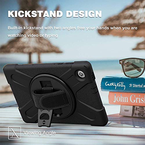 Junfire Heavy Duty Case for Lenovo Tab M10 HD (2nd Gen) 2020, 10.1 Inch Rugged Case with Strap Kickstand Shoulder Belt for TB-X306F/TB-X306X, Black