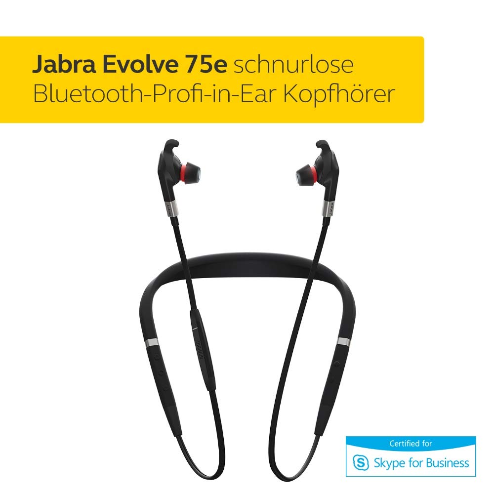 Jabra Evolve 75e MS Wireless In-Ear Kopfhörer - Microsoft zertifizierte Earbuds mit langer Akkulaufzeit - Vibrierender Nackenbügel und Busylight - Schwarz