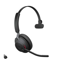 Laden Sie das Bild in den Galerie-Viewer, Jabra Evolve2 65 Wireless Headset – Noise Cancelling Microsoft Teams Zertifizierte Mono Kopfhörer mit langer Akkulaufzeit – USB-C Bluetooth Adapter – schwarz