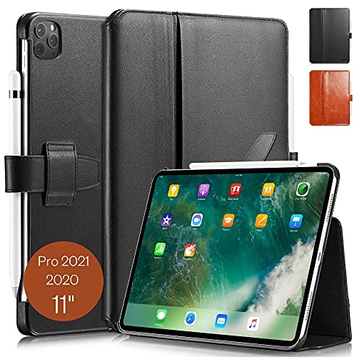 KAVAJ Lederhülle London geeignet für Apple iPad Pro 11" 2021/2020 Hülle Cover Schwarz aus echtem Leder mit Stifthalter. Dünnes Echtleder Smart Case Schutzhülle Tasche