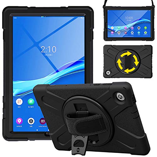 Junfire Heavy Duty Case for Lenovo Tab M10 HD (2nd Gen) 2020, 10.1 Inch Rugged Case with Strap Kickstand Shoulder Belt for TB-X306F/TB-X306X, Black