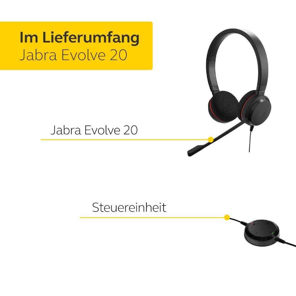 Jabra Evolve 20 MS Stereo Headset – Microsoft zertifizierte Kopfhörer für VoIP Softphone mit passivem Noise-Cancelling – USB-Kabel mit Anrufsteuerung – Schwarz