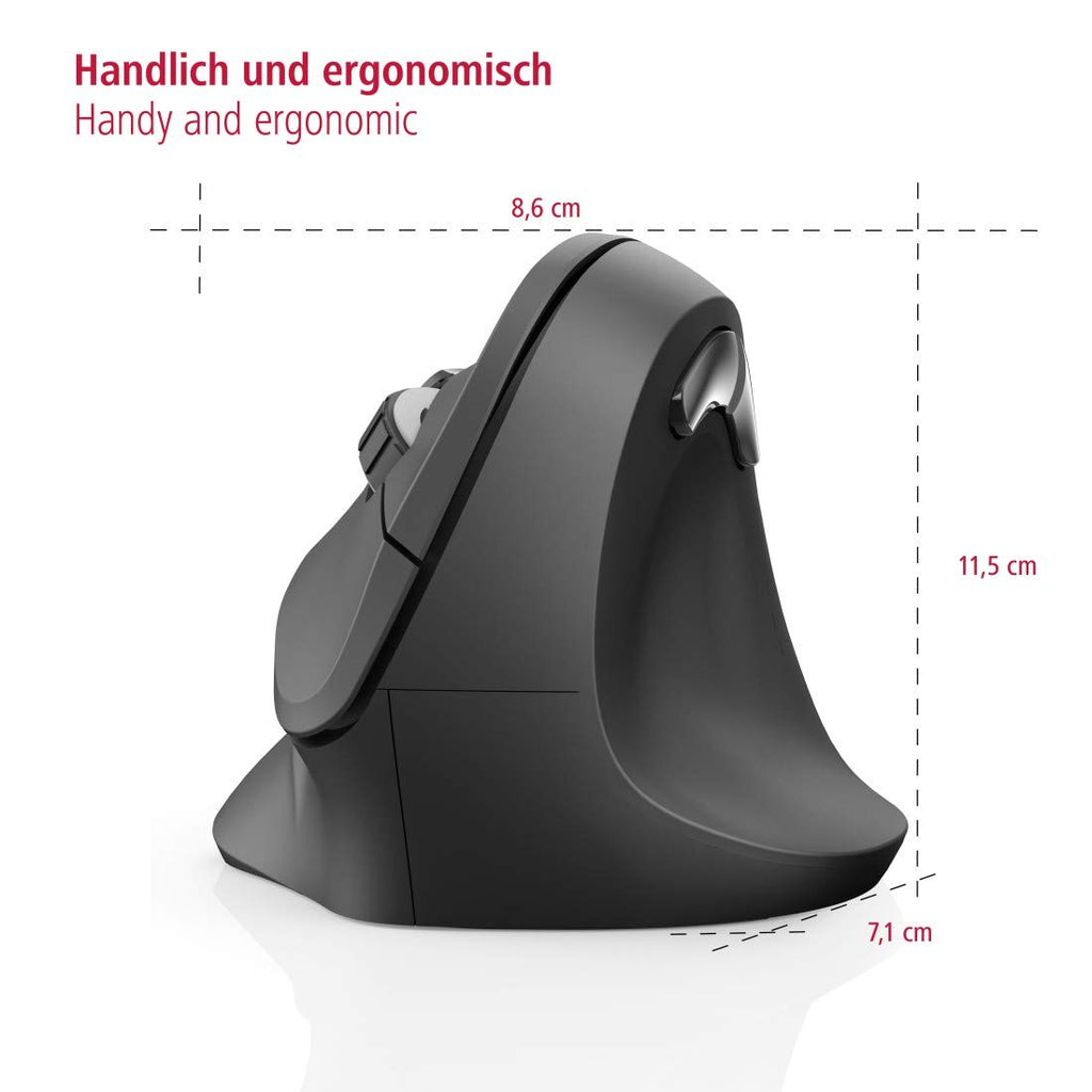 Hama kabellose Maus ergonomisch (Vertikale Maus ohne Kabel für Rechtshänder, Wireless Funk-Maus mit optischem Sensor 1000/1400/1800dpi) schwarz