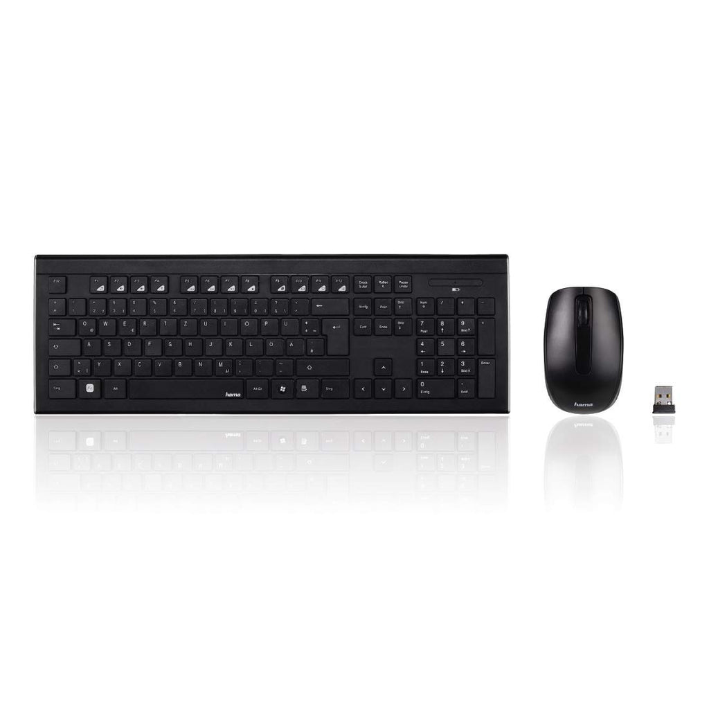 Hama Funk-Tastatur mit Maus Set (deutsches QWERTZ Tastenlayout, 12 Media-Tasten, kabellose optische Maus, 2,4 GHz, USB-Empfänger) Windows Keyboard Funkmaus-Tastatur-Set schwarz