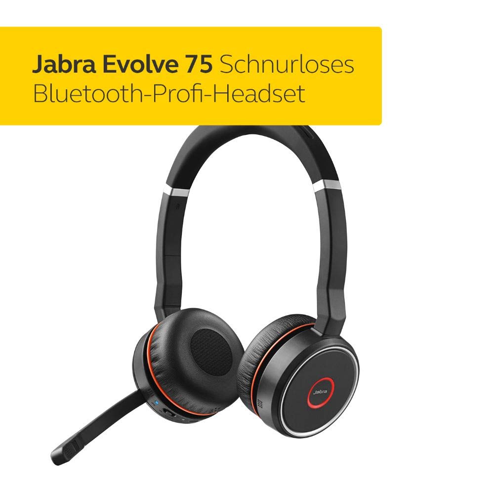 Jabra Evolve 75 UC Wireless Stereo On-Ear Headset - Unified Communications zertifizierte Kopfhörer mit langer Akkulaufzeit - USB Bluetooth Adapter - Schwarz