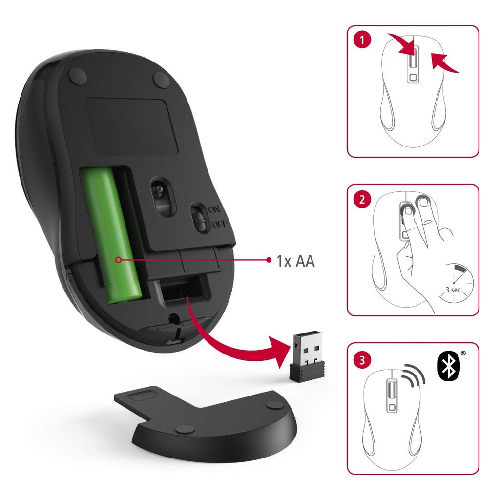 Hama Flüsterleise Bluetooth Maus, beidhändig bedienbar „Canosa“ (kabellose, optische Computer-Maus für Rechts-/Linkshänder, ohne Klickgeräusche, max. 1600 DPI, Mac/PC/Android) Wireless Mouse grau