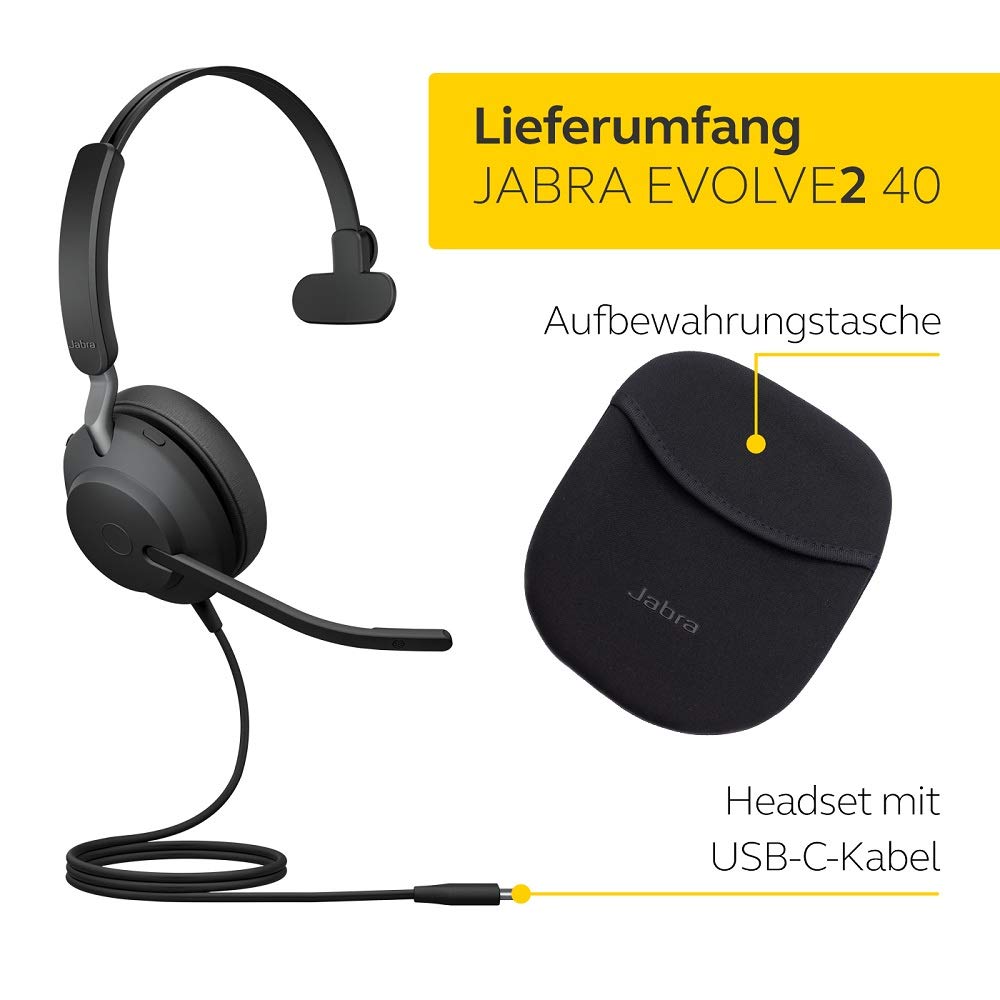 Jabra Evolve2 40 Headset – Noise Cancelling Microsoft Teams Zertifizierte Mono Kopfhörer mit 3 Mikrofonen – USB-C Kabel – schwarz