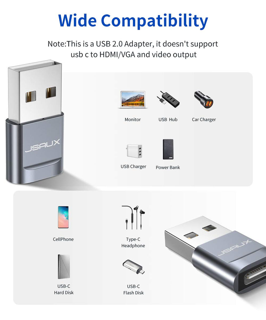 JSAUX USB A auf USB C Buchse Adapter [2 Stück] USB Typ C Adapter Kompatibel für iPhone 11/12 Pro Max, Samsung Galaxy Note 10/Note 20/S20/S20 FE/A70/A50/A90, Google Pixel 4/4XL/3/3XL Grau