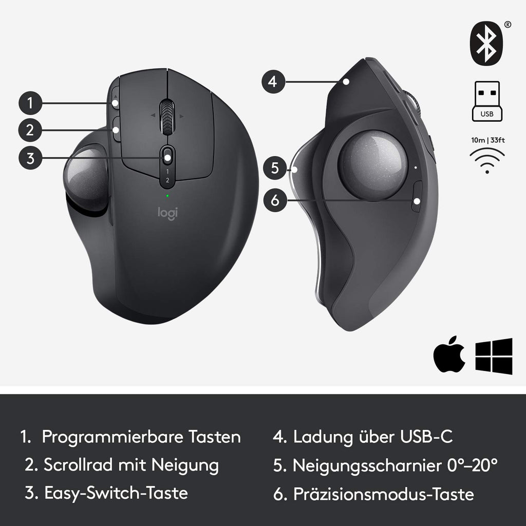 Logitech MX Ergo Kabellose Ergonomische Trackball-Maus, 2.4 GHz Verbindung via Unifying USB-Empfänger, 4-Monate Akkulaufzeit, Verstellbarer Winkel, Multi-Device, PC/Mac/iPadOS