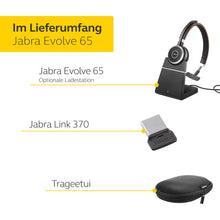 Laden Sie das Bild in den Galerie-Viewer, Jabra Evolve 65 Wireless Mono On-Ear Headset - Microsoft Teams zertifizierte Kopfhörer mit langer Akkulaufzeit und Ladestation - USB Bluetooth Adapter - schwarz