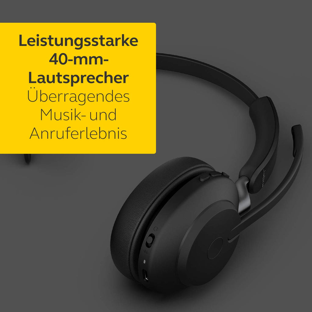 Jabra Evolve2 65 Wireless Headset mit Ladestation – Noise Cancelling UC Zertifizierte Mono Kopfhörer mit langer Akkulaufzeit – USB-C Bluetooth Adapter – schwarz