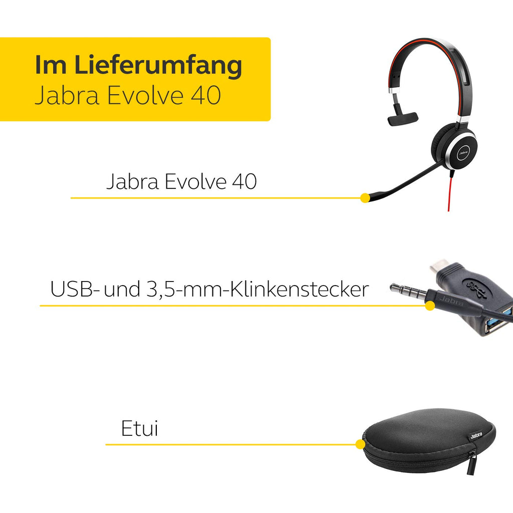 Jabra Evolve 40 MS Mono Headset - Microsoft zertifizierte Kopfhörer für VoIP Softphone mit passivem Noise-Cancelling - USB-Kabel mit Anrufsteuerung - Schwarz