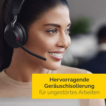 Laden Sie das Bild in den Galerie-Viewer, Jabra Evolve2 65 Wireless Headset mit Ladestation – Noise Cancelling Microsoft Teams Zertifizierte Stereo Kopfhörer mit langer Akkulaufzeit – USB-C Bluetooth Adapter – schwarz