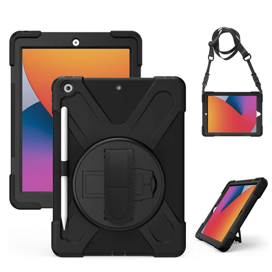 Gerutek Hülle für Neu iPad 10,2 Zoll (iPad 8. / 7. Generation), Stoßfeste Robust Panzerhülle mit Pencil Halter, Drehbar Stände, Handschlaufe, Schultergurt Schutzhülle für iPad 10,2" 2020/2019, Schwarz