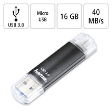Laden Sie das Bild in den Galerie-Viewer, Hama 16GB USB-Speicherstick mit USB 3.0 &amp; microUSB (2-in-1 USB-Stick, z.B. für Android Handy, Tablet, Computer, Notebook, PC, Laptop, MacBook, OTG, 40MB/s) Handy-Stick, Doppel Memory-Stick schwarz
