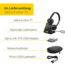 Laden Sie das Bild in den Galerie-Viewer, Jabra Evolve 75 UC Wireless Stereo On-Ear Headset - Unified Communications zertifizierte Kopfhörer mit langer Akkulaufzeit und Ladestation- USB Bluetooth Adapter - Schwarz