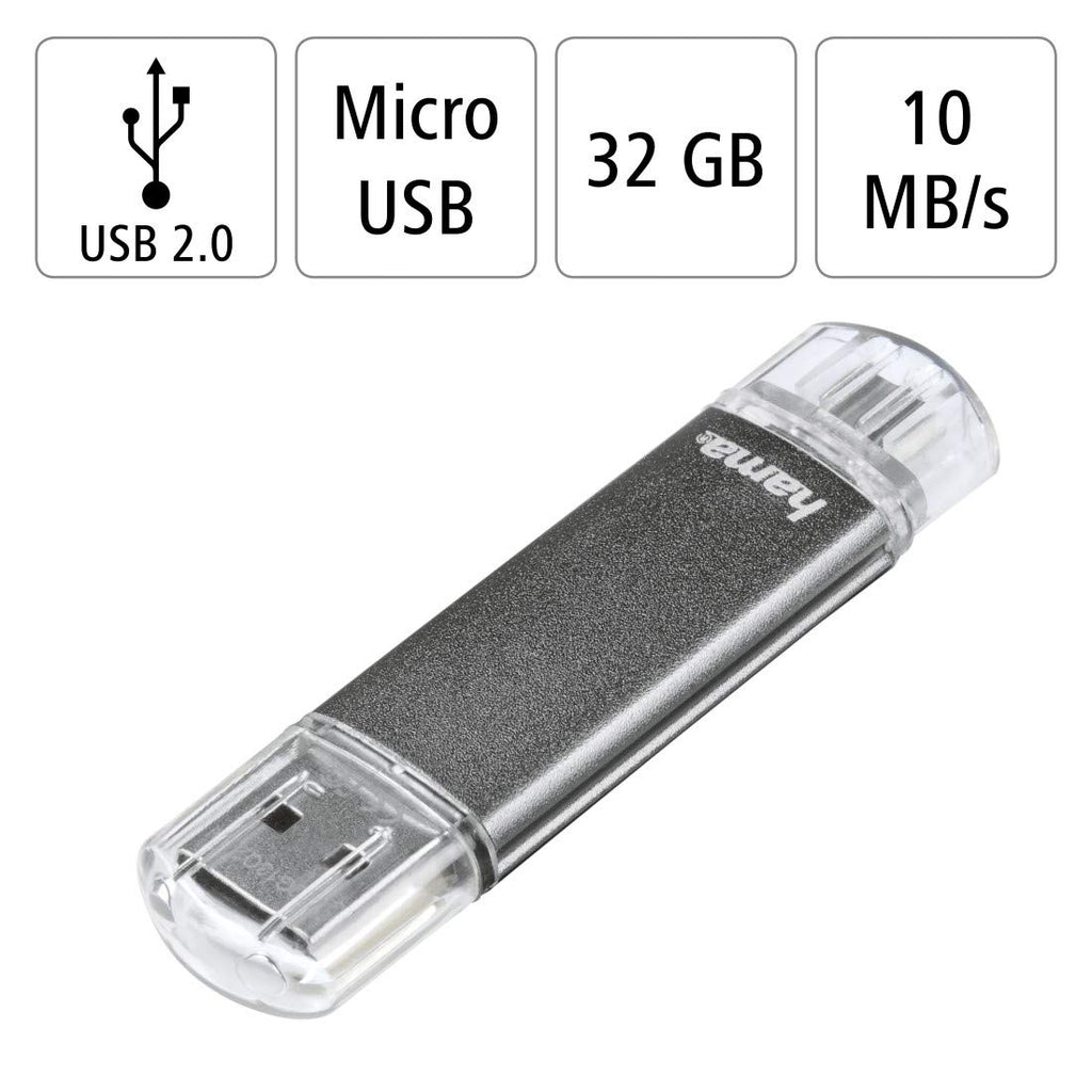 Hama 32GB USB-Speicherstick mit USB 2.0 & microUSB (2-in-1 USB-Stick, z.B. für Android Handy, Tablet, Computer, Notebook, PC, Laptop, MacBook, OTG, 10MB/s) Handy-Stick, Doppel Memory-Stick grau
