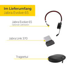 Laden Sie das Bild in den Galerie-Viewer, Jabra Evolve 65 Wireless Mono On-Ear Headset - Microsoft zertifizierte Kopfhörer mit langer Akkulaufzeit - USB Bluetooth Adapter - Schwarz