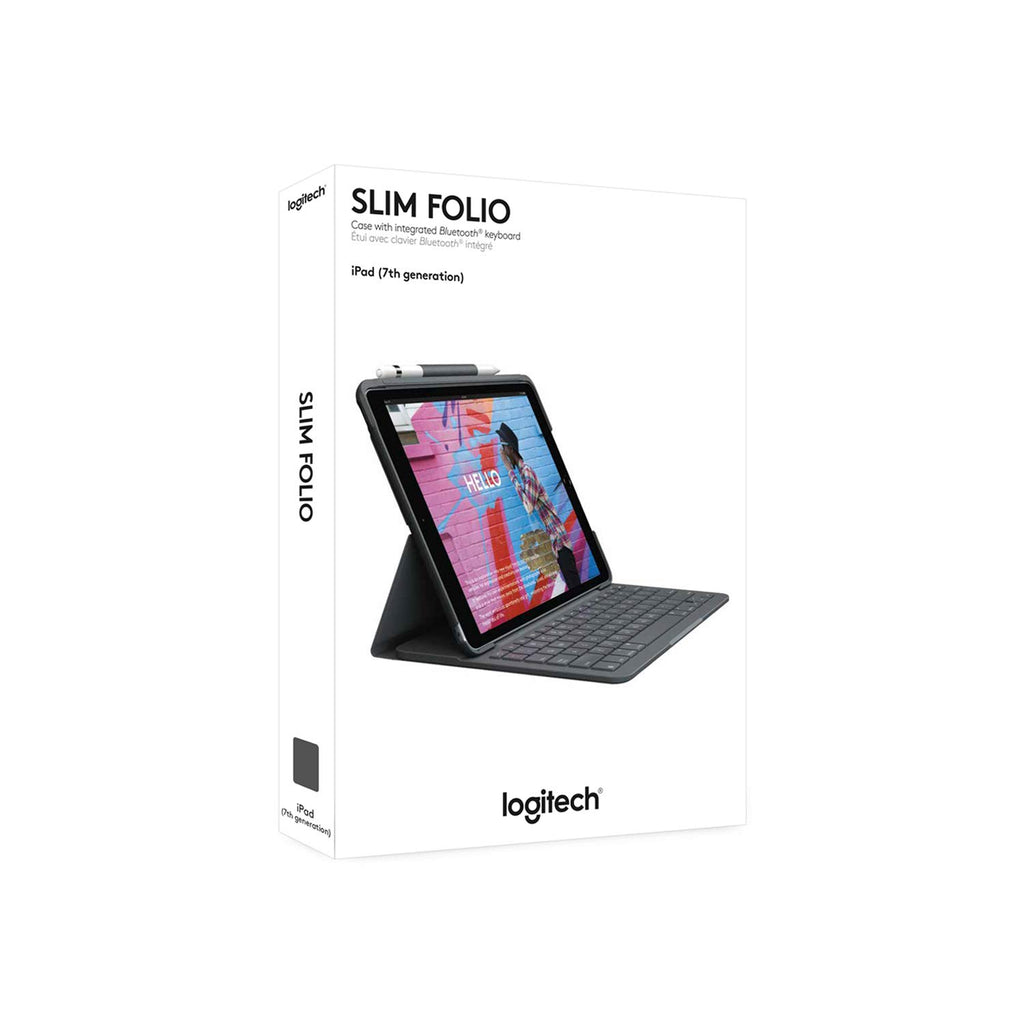 Logitech SLIM FOLIO für iPad der (7. Generation) Tastatur-Case mit Bluetooth (Modell: A2197, A2200, A2198), Deutsches QWERTZ-Layout- Grafit