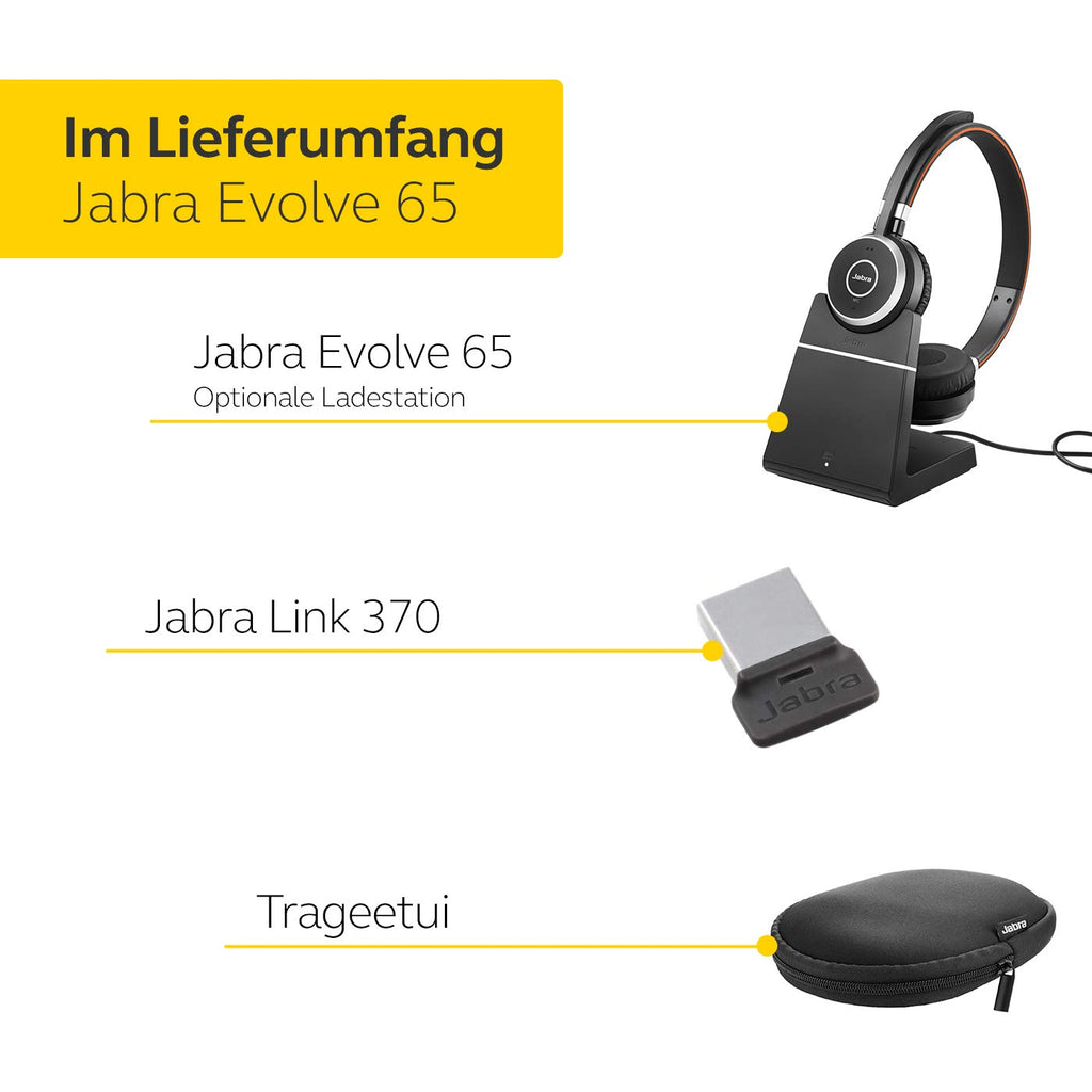 Jabra Evolve 65 Wireless Stereo On-Ear Headset - Microsoft Teams zertifizierte Kopfhörer mit langer Akkulaufzeit und Ladestation - USB Bluetooth Adapter - schwarz