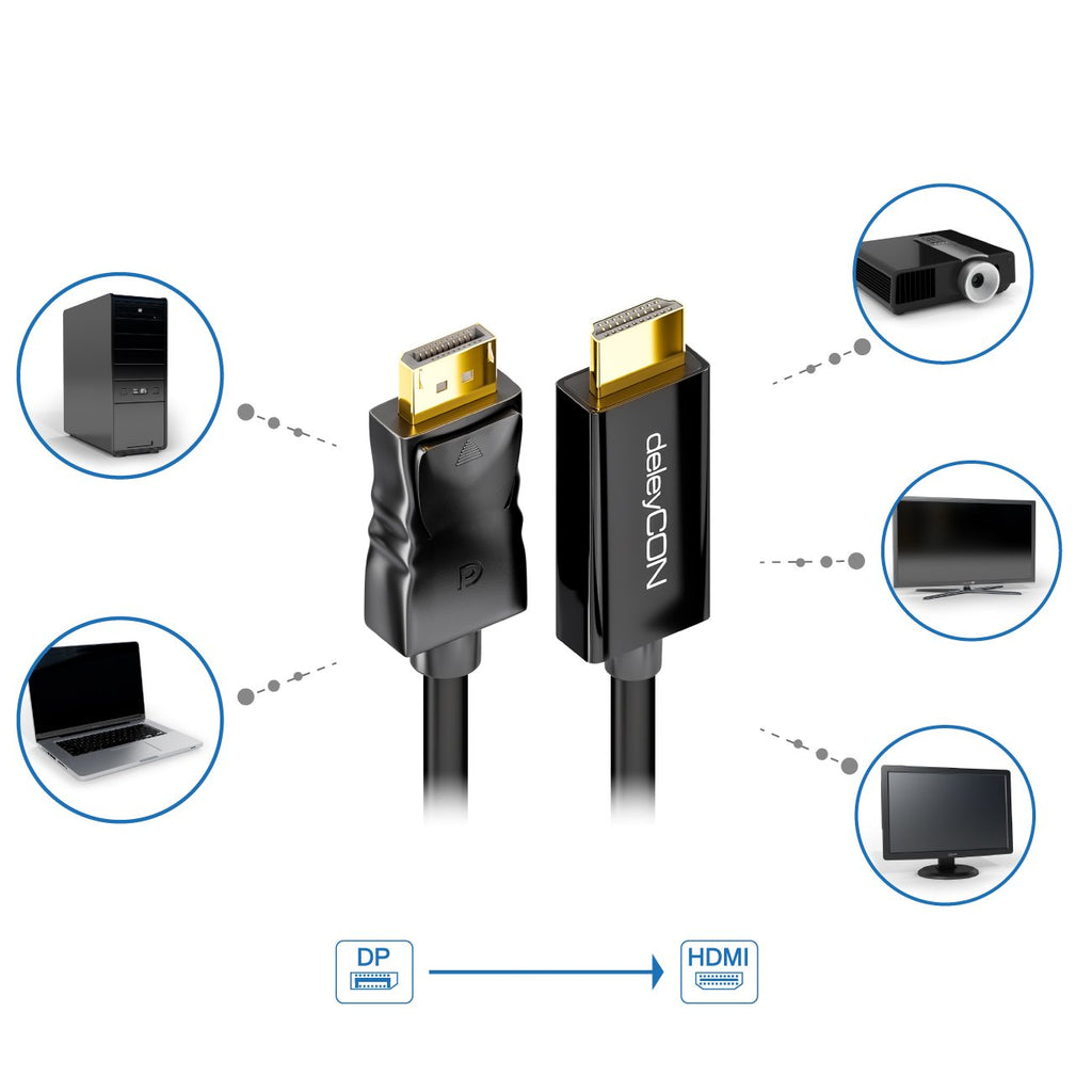 deleyCON 1m DisplayPort zu HDMI Kabel - High Speed 4k UHD FullHD 1080p 3D HDCP Audioübertragung - DP Stecker auf HDMI Stecker Adapterkabel - Schwarz