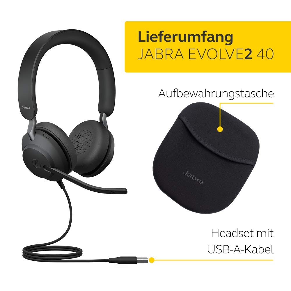 Jabra Evolve2 40 Headset – Noise Cancelling Microsoft Teams Zertifizierte Stereo Kopfhörer mit 3 Mikrofonen – USB-A Kabel – schwarz