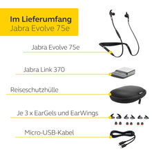 Laden Sie das Bild in den Galerie-Viewer, Jabra Evolve 75e MS Wireless In-Ear Kopfhörer - Microsoft zertifizierte Earbuds mit langer Akkulaufzeit - Vibrierender Nackenbügel und Busylight - Schwarz