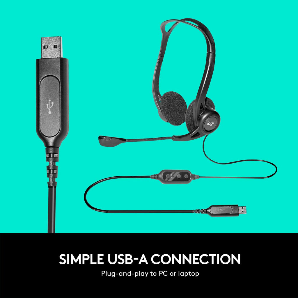 Logitech 960 Kopfhörer mit Mikrofon, Stereo-Headset, Verstellbares Mikrofon mit Rauschunterdrückung, Integrierter Lautstärkeregler und Stummschaltung, USB-Anschluss, 2.4m Kabel, PC/Mac/Laptop, Schwarz