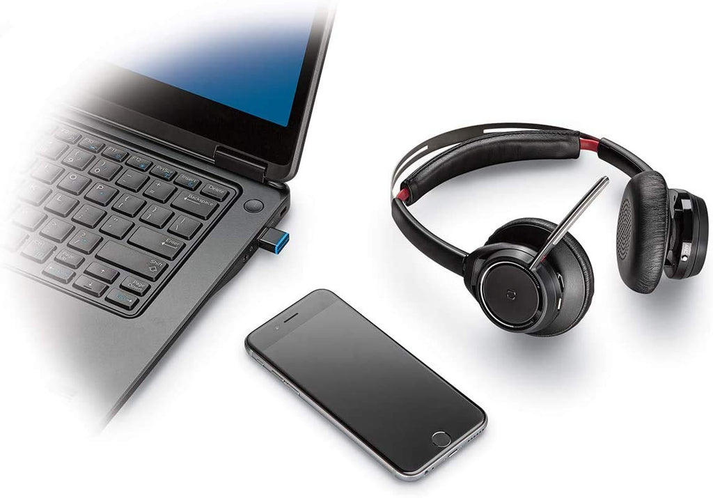 Plantronics Bluetooth-Stereo-Headset 'Voyager Focus UC B825M' mit Ladeschale & USB-A BT-Dongle, Smart Sensoren, Mikrofonarm, Rauschunterdrückung, Skype for Business, Schwarz