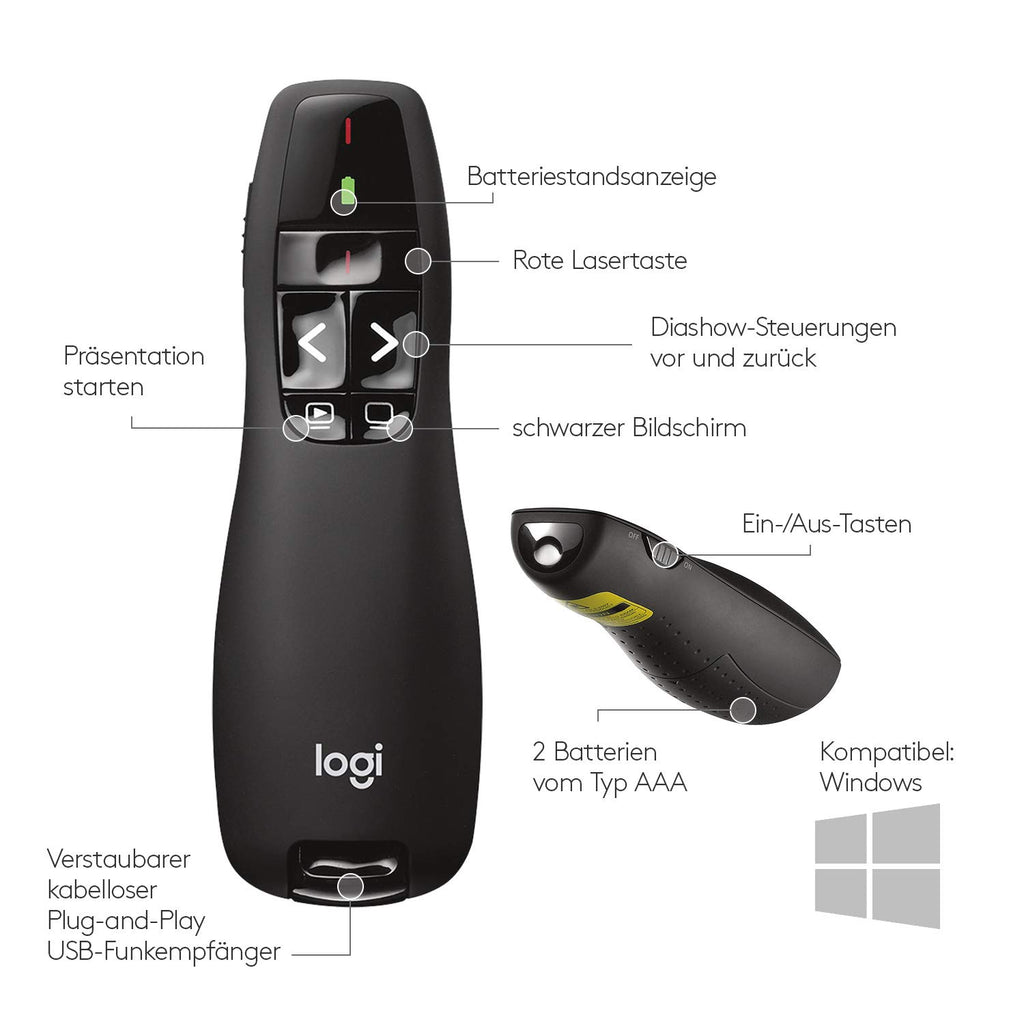 Logitech R400 Presenter, Kabellose 2.4 GHz Verbindung via USB-Empfänger, 15m Reichweite, Roter Laserpointer, Intuitive Bedienelemente, 6 Tasten, Batterieanzeige, PC - Schwarz