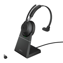Laden Sie das Bild in den Galerie-Viewer, Jabra Evolve2 65 Wireless Headset mit Ladestation – Noise Cancelling Microsoft Teams Zertifizierte Mono Kopfhörer mit langer Akkulaufzeit – USB-C Bluetooth Adapter – schwarz