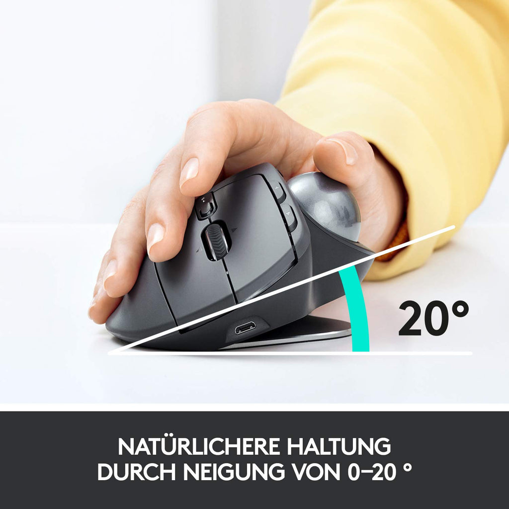 Logitech MX Ergo Kabellose Ergonomische Trackball-Maus, 2.4 GHz Verbindung via Unifying USB-Empfänger, 4-Monate Akkulaufzeit, Verstellbarer Winkel, Multi-Device, PC/Mac/iPadOS