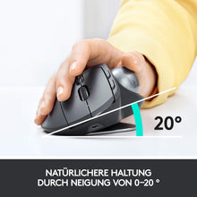 Laden Sie das Bild in den Galerie-Viewer, Logitech MX Ergo Kabellose Ergonomische Trackball-Maus, 2.4 GHz Verbindung via Unifying USB-Empfänger, 4-Monate Akkulaufzeit, Verstellbarer Winkel, Multi-Device, PC/Mac/iPadOS