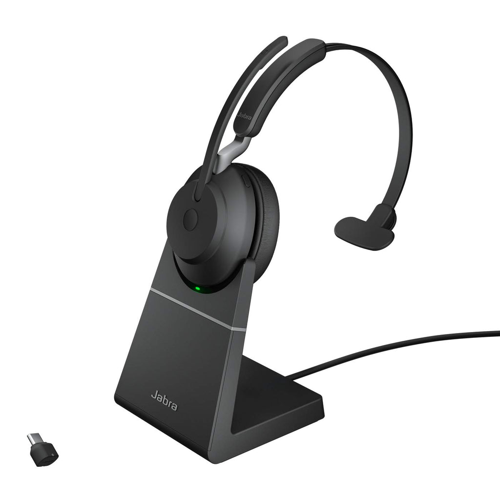 Jabra Evolve2 65 Wireless Headset mit Ladestation – Noise Cancelling UC Zertifizierte Mono Kopfhörer mit langer Akkulaufzeit – USB-C Bluetooth Adapter – schwarz